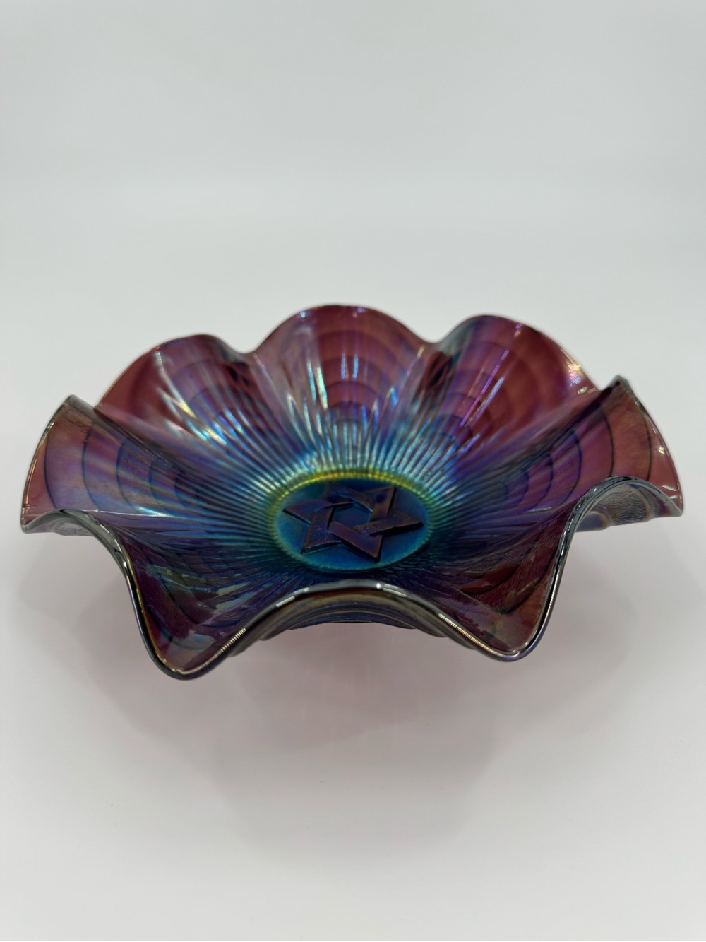 Antique 1911 Imperial Glass Star of David Amethyst Carnival Glass Ruffled Bowl